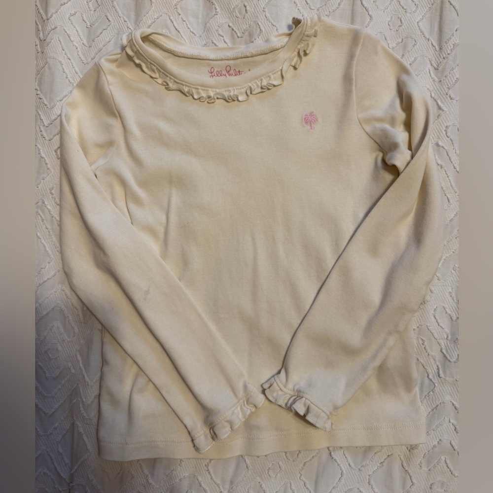 Lilly Pulitzer Cream Long Sleeve Kids Tee with Pink Logo